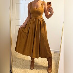 Vintage Mustard Brown Square-Neck Midi Dress